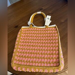 Tory Burch Straw Tote Style 165844 in Pink Carnation/Turmeric Logo Tag NWT